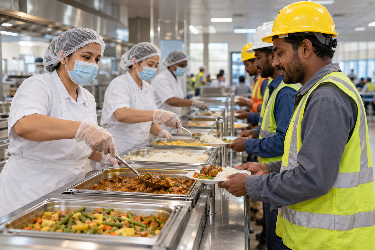 Catering staff serving meals to construction workers